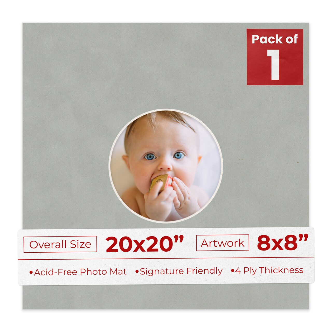 Light Grey Suede Mat Board for 20x20 Frames - Circle Opening for 8x8 Photos